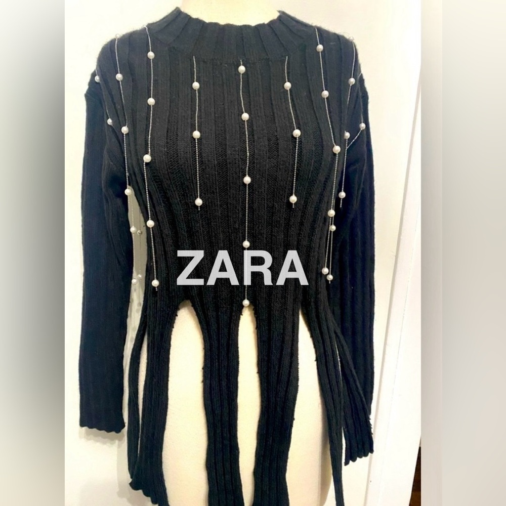 ZARA Black Pearl Fringe Stretchy Knit Sweater - Size S/M